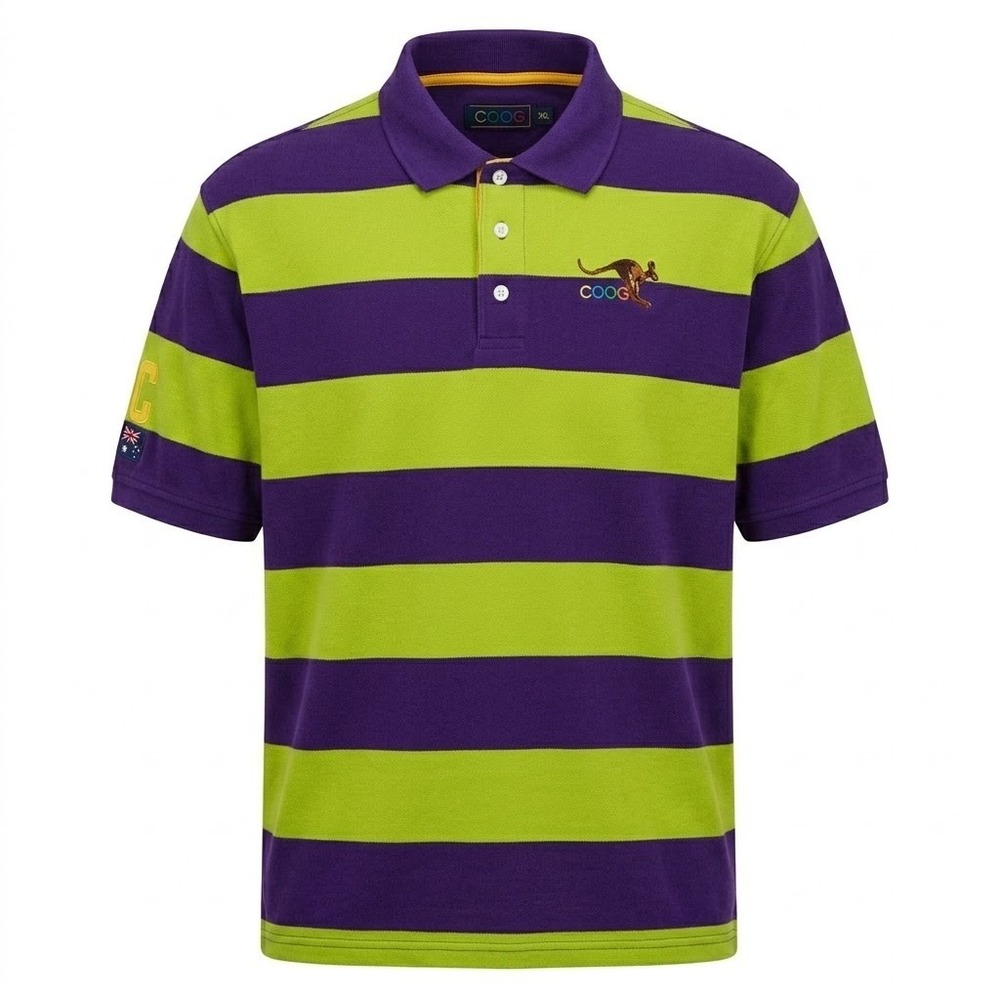 Coogi Mens 2XL XXL Striped Polo Shirt Purple Lime Green Kangaroo Logo Cotton